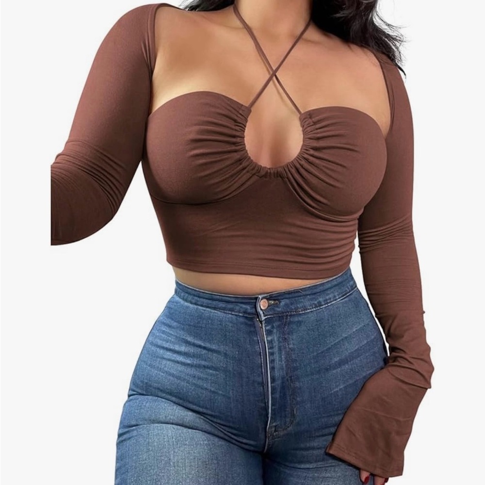 Elegant Brown Long Sleeve Women's Halter Criss Cross Tie Up Cut Up Crop Top